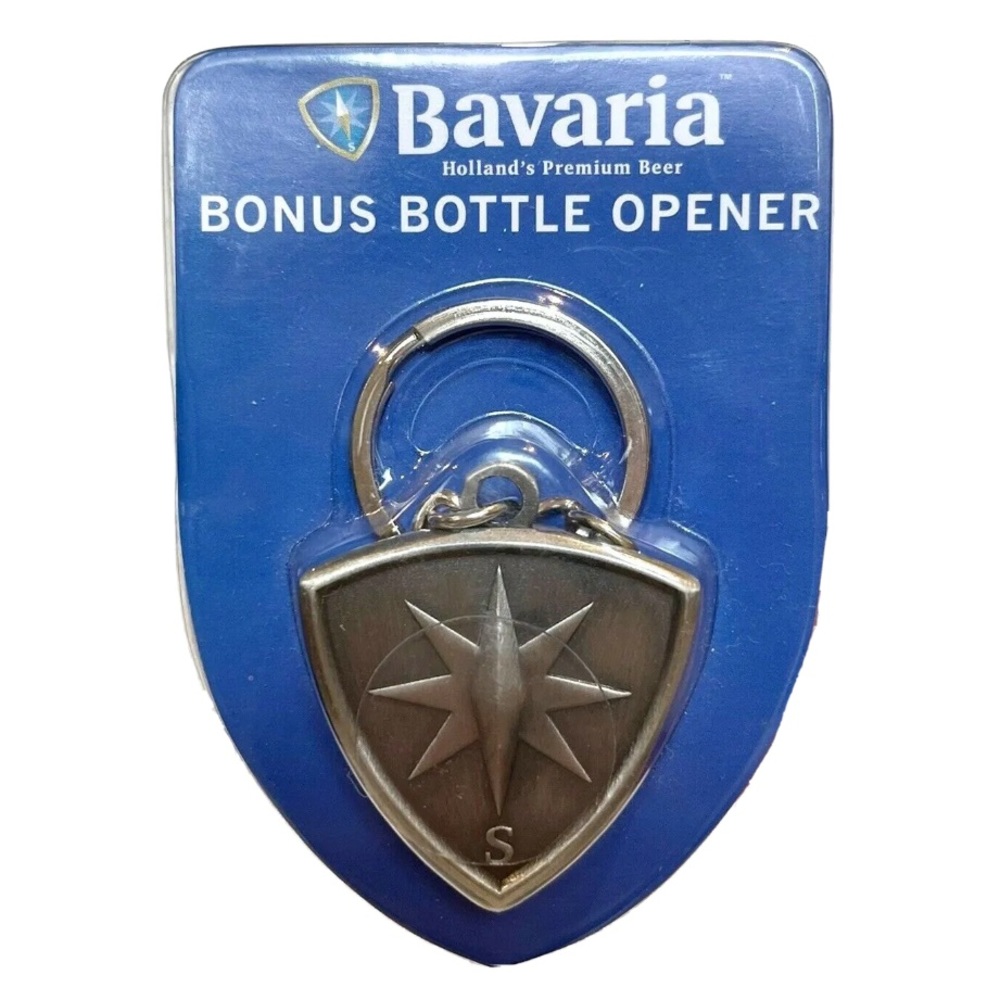 Bavaria Holland’s Premium Beer Bonus Bottle Opener Keychain Compass Star Silver